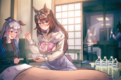 Rule 34 | 4girls, animal ears, bed, blue eyes, blue hairband, blue skirt, blush, bottle, bow, bowtie, braid, breasts, brown coat, brown hair, cleavage, closed mouth, coat, collarbone, commentary request, ear covers, feeding, full body, grey hair, hair between eyes, hairband, highres, horse ears, horse girl, horse tail, inari one (umamusume), large breasts, licking lips, long hair, long skirt, looking at viewer, luggage, multiple girls, oguri cap (umamusume), open mouth, pink bow, pink bowtie, reihou19, rice, shirt, shouji, signature, skirt, sliding doors, smile, spring onion, super creek (umamusume), table, tail, tamamo cross (umamusume), tea, tongue, tongue out, umamusume, very long hair, white shirt, window, yellow shirt