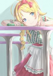 Rule 34 | + +, 1girl, ahoge, blonde hair, blue eyes, braid, braided ponytail, breasts, bright pupils, button gap, cleaning, closed mouth, dress, hachimiya meguru, hairband, head rest, highres, idolmaster, idolmaster shiny colors, large breasts, layered dress, long hair, looking at viewer, pout, rag, shignonpencil, short sleeves, solo, striped, table, tareme, underbust, waitress