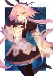 Rule 34 | 1boy, absurdres, astolfo (fate), astolfo (saber) (fate), astolfo (saber) (third ascension) (fate), black dress, black gloves, black legwear, blush, border, bow, bowtie, crossdressing, dogdogwanwan, dress, fate/grand order, fate (series), gloves, hair bow, hair intakes, hair ribbon, highres, juliet sleeves, layered skirt, long hair, long sleeves, looking at viewer, low twintails, multicolored hair, open mouth, pink hair, puffy sleeves, purple eyes, ribbon, skirt, sky, smile, solo, star (sky), starry sky, streaked hair, thighs, trap, twintails, white border, white hair, white skirt, wide sleeves
