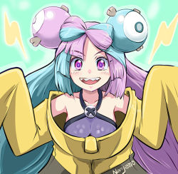 Rule 34 | 1girl, bow-shaped hair, character hair ornament, creatures (company), game freak, hair ornament, hexagon print, iono (pokemon), jacket, long hair, low-tied long hair, multicolored hair, nintendo, oversized clothes, pokemon, pokemon sv, ryp, sharp teeth, sleeves past fingers, sleeves past wrists, solo, split-color hair, teeth, very long sleeves, x, yellow jacket