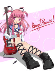Rule 34 | 10s, 1girl, ahoge, alucard (artist), angel beats!, ankle lace-up, bad id, bad pixiv id, choker, cross-laced footwear, demon tail, fang, guitar, huazang, instrument, long hair, open mouth, pink eyes, pink hair, school uniform, serafuku, shoes, short twintails, solo, tail, thigh strap, twintails, two side up, yui (angel beats!)