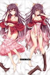 Rule 34 | 10s, 1girl, arm up, artist name, bakugadou, bare shoulders, barefoot, bed sheet, blush, unworn boot, boots, unworn boots, breasts, brown footwear, cleavage, closed mouth, collarbone, commentary, cross-laced footwear, dakimakura (medium), eyebrows, full body, groin, hair ribbon, hakama, hakama pull, hakama skirt, holding hands, japanese clothes, kamikaze (kancolle), kantai collection, kimono, lace-up boots, large breasts, long hair, looking at viewer, looking down, lying, multiple views, no panties, obi, off shoulder, on back, open mouth, pink hakama, purple eyes, purple hair, ribbon, sash, shoes, sidelocks, single boot, single shoe, skirt, torn clothes, torn hakama, torn kimono, very long hair, watermark, wide sleeves, yellow ribbon
