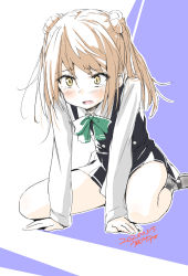 Rule 34 | 1girl, all fours, bow, bowtie, commentary request, double bun, dress, full body, green bow, green bowtie, hair bun, highres, kantai collection, light brown hair, long sleeves, michishio (kancolle), michishio kai ni (kancolle), one-hour drawing challenge, open mouth, pinafore dress, shirt, short twintails, sitting, sleeveless, sleeveless dress, solo, twintails, usami (50-point caliper), wariza, white shirt, yellow eyes