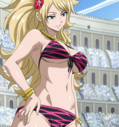 Rule 34 | 1girl, bare shoulders, bikini, blonde hair, blue eyes, breasts, cleavage, earrings, fairy tail, female focus, flower, hair flower, hair ornament, highres, jenny realight, jewelry, large breasts, long hair, navel, necklace, screencap, smile, solo, stitched, swimsuit, third-party edit, underboob