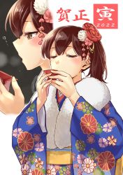 Rule 34 | 1girl, 2022, abo (hechouchou), absurdres, alternate costume, blue kimono, brown eyes, brown hair, commentary request, cup, drinking, floral print, fur-trimmed kimono, fur trim, highres, japanese clothes, kaga (kancolle), kantai collection, kimono, long hair, multiple views, new year, sakazuki, saucer, side ponytail