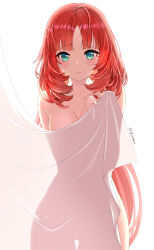 Rule 34 | 1girl, absurdres, bare shoulders, blush, breasts, cleavage, closed mouth, collarbone, curtains, dokimaru, genshin impact, green eyes, highres, large breasts, long hair, looking at viewer, low twintails, nilou (genshin impact), parted bangs, red hair, shadow, sidelocks, solo, twintails