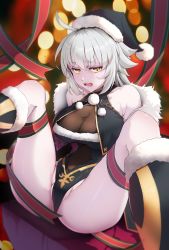 Rule 34 | 1girl, absurdres, ahoge, black hat, black leotard, boots, breasts, cameltoe, christmas, cleavage, covered navel, fate/grand order, fate (series), fur-trimmed boots, fur trim, hat, highres, jeanne d&#039;arc (fate), jeanne d&#039;arc alter (avenger) (fate), jeanne d&#039;arc alter (fate), large breasts, leotard, long hair, santa costume, santa hat, silver hair, solar (happymonk), solo, spread legs, yellow eyes