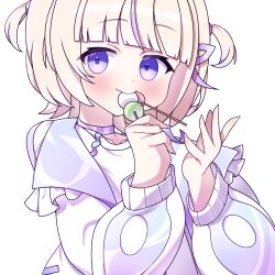 Rule 34 | 1girl, blonde hair, blue eyes, cross (vgne4542), dango, eating, food, highres, hololive, hololive dev is, jacket, simple background, solo, todoroki hajime, two side up, virtual youtuber, wagashi, white background