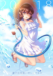 Rule 34 | 1girl, 2018, brown eyes, brown hair, collarbone, dress, drill hair, hair ornament, hairclip, hat, highres, holding, holding clothes, holding hat, hose, kawagoe pochi, looking at viewer, open mouth, original, pointy ears, sandals, short hair, solo, sundress, tail, twin drills, water, white dress