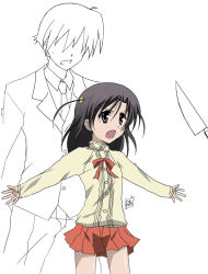 Rule 34 | 00s, 1boy, 1girl, bow, bowtie, brown eyes, brown hair, dagger, evil smile, formal, hidden eyes, itou makoto, katsura kokoro, knife, long sleeves, miniskirt, outstretched arms, pleated skirt, ponpon, red bow, red bowtie, red skirt, school days, simple background, skirt, smile, solo focus, suit, weapon, white background