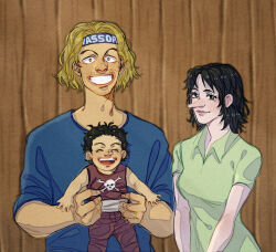 Rule 34 | 1girl, 2boys, banchina, black hair, blonde hair, closed mouth, facial hair, family, father and son, headband, jewelry, just noi, long nose, looking at viewer, medium hair, mother and son, multiple boys, one piece, open mouth, ring, short hair, smile, usopp, wavy hair, yasopp