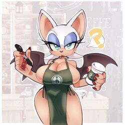 Rule 34 | 1girl, ?, alternate costume, animal ears, animal nose, apron, aqua eyes, artist name, bare arms, bare shoulders, bat ears, bat girl, bat wings, blue eyeshadow, blush, border, breasts, brick wall, call bell, chalkboard, chao (sonic), character print, cleavage, colored sclera, commentary, counter, cowboy shot, cup, cupboard, disposable cup, english commentary, english text, eyeshadow, fingernails, flipped hair, furry, furry female, green apron, hands up, highres, holding, holding cup, holding marker, huge breasts, iced latte with breast milk (meme), indoors, kaijumilk (milkchaotea), logo parody, looking at viewer, makeup, marker, meme, nail polish, naked apron, open mouth, outline, outside border, plant, plate, point-of-sale system, potted plant, print apron, raised eyebrow, red nails, rouge the bat, sharp fingernails, short hair, sideboob, signature, solo, sonic (series), sonic adventure, sonic adventure 2, speech bubble, spoken question mark, standing, starbucks, sweatdrop, thick thighs, thighs, tongue, white border, white fur, white hair, white outline, wings, yellow sclera