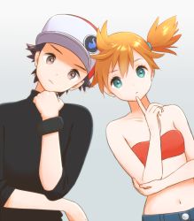 Rule 34 | 1boy, 1girl, aqua eyes, badge, baseball cap, black hair, blue shorts, bracelet, closed mouth, collarbone, commentary request, creatures (company), eyelashes, game freak, grey eyes, hair between eyes, hair tie, hand on own chin, hand on own elbow, hat, head tilt, heads together, index finger raised, jewelry, looking at viewer, misty (pokemon), navel, nintendo, orange hair, pokemon, pokemon lgpe, pokemon masters ex, popela, red (pokemon), red (sygna suit) (pokemon), shorts, side ponytail, sleeves past elbows, spiked hair, turtleneck