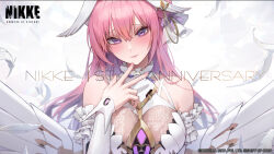 Rule 34 | 1girl, anniversary, blush, breasts, cleavage, dorothy (nikke), dress, feathers, goddess of victory: nikke, hair between eyes, head wings, highres, large breasts, long hair, looking at viewer, maenoo, mechanical wings, official art, parted lips, pink hair, purple eyes, second-party source, smile, solo, upper body, white background, white dress, white feathers, white wings, wings