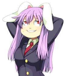 Rule 34 | 1girl, animal ears, arms behind head, arms up, buttons, female focus, formal, grin, highres, hospital king, jitome, kimonge, looking away, necktie, purple hair, rabbit ears, red eyes, red necktie, reisen udongein inaba, simple background, smile, solo, suit, sweatdrop, teeth, touhou, white background