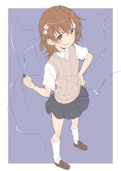 Rule 34 | 1girl, absurdres, border, brown eyes, brown footwear, brown hair, closed mouth, coin, collared shirt, donguri suzume, electricity, electrokinesis, flower, from above, full body, hair flower, hair ornament, hand on own hip, highres, holding, loafers, looking at viewer, misaka mikoto, purple background, shirt, shoes, short hair, short sleeves, simple background, smile, smug, socks, solo, standing, sweater vest, toaru majutsu no index, white border, white shirt, white socks, wing collar