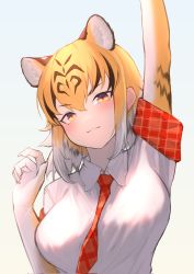 Rule 34 | 1girl, akuma (st.takuma), animal ear fluff, animal ears, arm up, black hair, blonde hair, breasts, commentary, elbow gloves, extra ears, gloves, gradient hair, hair between eyes, highres, kemono friends, large breasts, looking at viewer, multicolored hair, necktie, orange eyes, plaid necktie, plaid trim, red necktie, shirt, short sleeves, smile, solo, streaked hair, tiger (kemono friends), tiger ears, upper body, white hair, white shirt, wing collar