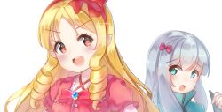 Rule 34 | 2girls, blonde hair, blue eyes, blush, bow, drawing tablet, eromanga sensei, hair bow, hairband, highres, holmemee, izumi sagiri, looking at viewer, multiple girls, open mouth, pink bow, pointy ears, red bow, red eyes, silver hair, smile, yamada elf