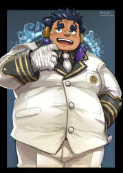 Rule 34 | 1boy, :d, alternate costume, bandaged arm, bandaged hand, bandages, black border, black shirt, blue background, blue eyes, blue hair, blush, border, buttons, collared shirt, commentary request, dark-skinned male, dark skin, embarrassed, fat, fat man, formal, hair tubes, hand on own hip, hand up, highres, kita 9999, long sleeves, looking away, looking up, male focus, mizura, multicolored hair, muscular, muscular male, necktie, open mouth, pants, school uniform, shirt, short eyebrows, short hair, signature, simple background, smile, solo, suit, takeminakata (housamo), thick eyebrows, tokyo houkago summoners, two-tone hair, upper body, white necktie, white pants, white suit