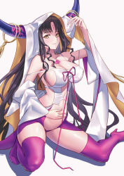 Rule 34 | 1girl, armpits, bare shoulders, black hair, blush, breasts, closed mouth, collarbone, detached sleeves, facial mark, fate/grand order, fate (series), forehead mark, habit, horns, large breasts, long hair, looking at viewer, navel, parted bangs, pink thighhighs, purple thighhighs, revealing clothes, sakanasoko, sessyoin kiara, sideboob, smile, solo, stomach, thighhighs, veil, very long hair, wavy hair, white background, yellow eyes