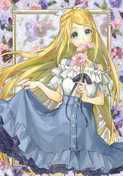 Rule 34 | 1girl, aged up, blonde hair, blue eyes, blue flower, blue skirt, bow, commentary, cowboy shot, floral background, flower, flower request, frilled shirt, frills, future style (module), hair bow, hair ornament, hairclip, highres, holding, holding flower, kagamine rin, long hair, looking at viewer, pansy, pink flower, red flower, shirt, short sleeves, skirt, skirt hold, smile, solo, standing, suspender skirt, suspenders, swept bangs, very long hair, vocaloid, white bow, white shirt, whiteskyash, window