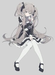 Rule 34 | 1girl, absurdres, azuki (ckxs7444), black bow, black dress, black footwear, bow, closed mouth, commentary request, dress, frilled dress, frilled sleeves, frills, full body, grey background, grey eyes, grey hair, hair between eyes, hair bow, hand on own thigh, hand up, highres, holding, holding stuffed toy, invisible chair, lolita fashion, long hair, long sleeves, looking at viewer, mary janes, medium dress, original, pantyhose, shoes, simple background, sitting, solo, stuffed animal, stuffed toy, teddy bear, turtleneck, turtleneck dress, twintails, very long hair, white pantyhose