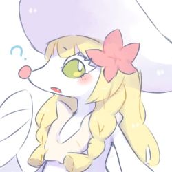 Rule 34 | 1girl, ?, alternate color, animalization, blonde hair, blush, braid, cosplay, creatures (company), fang, flower, furry, furry female, fusion, game freak, gen 7 pokemon, green eyes, hair flower, hair ornament, hat, lillie (pokemon), lillie (pokemon) (cosplay), lovewolf5122, lowres, nintendo, no humans, open mouth, pokemon, pokemon (creature), pokemon sm, primarina, shiny pokemon, sidelocks, simple background, solo, sun hat, twin braids, upper body, white background, white hat