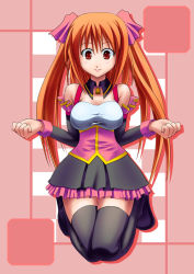 Rule 34 | 1girl, artist request, bell, black thighhighs, bow, character request, choker, detached sleeves, dress, frills, hair bow, hair ornament, kneeling, long hair, orange hair, red eyes, solo, tareme, thighhighs, twintails, very long hair, zettai ryouiki