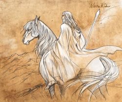 Rule 34 | 1boy, beard, cloak, closed mouth, dated, facial hair, from side, gandalf, holding, holding staff, horse, kazuki-mendou, tolkien&#039;s legendarium, long hair, male focus, one-hour drawing challenge, shadowfax, signature, solo, staff, the lord of the rings, white cloak, white hair, wizard