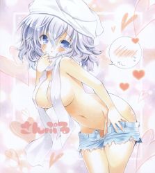 Rule 34 | 1girl, alternate costume, ayuayu (chisuke ayu), bad id, bad pixiv id, blue eyes, breasts, censored, clothes pull, convenient censoring, covered erect nipples, female focus, groin, hat, heart, large breasts, leaning forward, letty whiterock, light purple hair, looking at viewer, navel, no panties, pulled by self, sample watermark, scarf, short hair, shorts, shorts pull, solo, spoken blush, standing, touhou, towel, towel over breasts, traditional media, watermark, white scarf