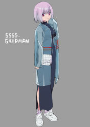 Rule 34 | 1girl, alternate costume, blue dress, blue raincoat, breasts, copyright name, dress, full body, grey background, gridman universe, large breasts, light purple hair, looking at viewer, red eyes, saitou kengo, see-through, shinjou akane, shoes, short hair, simple background, smile, sneakers, solo, ssss.gridman, white footwear