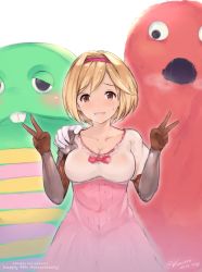 Rule 34 | 1girl, bad id, bad pixiv id, blonde hair, breasts, brown eyes, cleavage, djeeta (granblue fantasy), double v, dress, fighter (granblue fantasy), gauntlets, granblue fantasy, hairband, kuavera, large breasts, open mouth, pink dress, puffy short sleeves, puffy sleeves, short hair, short sleeves, smile, v