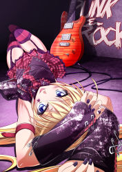 Rule 34 | 1girl, :p, armband, armpits, arms up, belt, blonde hair, blue eyes, detached sleeves, electric guitar, garter straps, guitar, highres, instrument, looking at viewer, lying, mtu (orewamuzituda), nail polish, necktie, on back, on floor, pixiv punk and rock, plaid, plaid skirt, punk, safety pin, skirt, solo, striped clothes, striped thighhighs, thighhighs, tongue, tongue out, upside-down