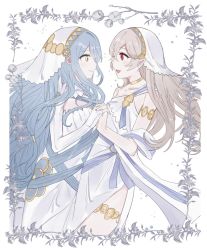 Rule 34 | 2girls, alternate costume, armlet, azura (fire emblem), blue hair, corrin (female) (fire emblem), corrin (fire emblem), detached sleeves, dress, eye contact, fffera, fingerless gloves, fire emblem, fire emblem fates, fire emblem heroes, gloves, highres, long hair, looking at another, multiple girls, nintendo, official alternate costume, open mouth, pointy ears, red eyes, shawl, smile, thighlet, veil, very long hair, yellow eyes