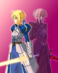 Rule 34 | 00s, 2girls, armor, armored dress, artoria pendragon (fate), blonde hair, dress, dual persona, excalibur (fate/stay night), excalibur morgan (fate), fate/stay night, fate (series), g-tetsu, glowing, glowing sword, glowing weapon, invisible air (fate), multiple girls, saber (fate), saber alter, sword, weapon