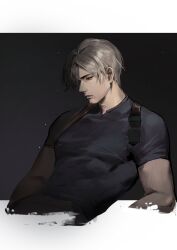 Rule 34 | 1boy, absurdres, black background, black shirt, blue eyes, border, brown hair, cropped torso, from side, highres, ichisaku, leon s. kennedy, lips, male focus, muscular, muscular male, nape, nose, resident evil, resident evil 4, resident evil 4 (remake), shirt, short hair, sidelighting, solo, t-shirt, white border, white hair