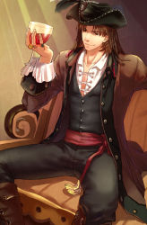 Rule 34 | 1boy, alcohol, brown eyes, brown hair, cup, drinking glass, fate/stay night, fate (series), hat, highres, jewelry, kotomine kirei, male focus, mihoutao, pirate, ring, sitting, solo, tricorne, wine, wine glass
