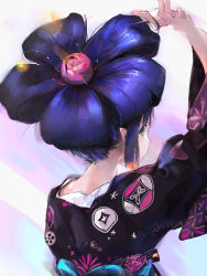 Rule 34 | 1girl, arm up, black kimono, blue eyes, flower, flower-shaped hair, from behind, highres, hololive, hololive english, japanese clothes, kimono, long sleeves, ninomae ina&#039;nis, ninomae ina&#039;nis (new year), pink flower, pointy ears, print kimono, purple hair, sidelocks, solo, tallgeese (lgeesel), upper body, virtual youtuber