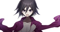 Rule 34 | :d, black hair, commentary request, danganronpa (series), danganronpa v3: killing harmony, hand up, jacket, jacket on shoulders, looking at viewer, male focus, mdr (mdrmdr1003), open clothes, open mouth, oma kokichi, pink jacket, portrait, purple eyes, purple hair, serious, short hair, simple background, smile, solo, teeth, topless male, upper teeth only, v-shaped eyebrows, white background