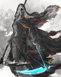 Rule 34 | 1girl, ashes of ariandel, closed mouth, commentary, dark souls (series), dark souls iii, english commentary, facing viewer, habit, highres, holding, holding scythe, hood, hood up, long hair, looking at viewer, nun, one eye covered, rosary, scythe, shimhaq, sister friede, solo, standing, veil