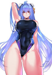 Rule 34 | 1girl, ahoge, armpits, black one-piece swimsuit, blue hair, breasts, bun cover, double bun, from below, hair bun, highleg, highleg swimsuit, highres, kos-mos, large breasts, long hair, looking at viewer, negresco, one-piece swimsuit, red eyes, simple background, solo, swimsuit, white background, xenosaga
