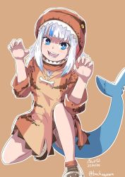 Rule 34 | 1girl, artist name, bachunawa, beige background, blue eyes, claw pose, commentary, dated, dinosaur costume, english commentary, fins, fish tail, gawr gura, halloween, halloween costume, highres, hololive, hololive english, open mouth, sharp teeth, solo, tail, teeth, virtual youtuber, white hair
