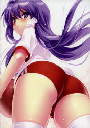 Rule 34 | 1girl, absurdres, ass, ball, basketball, basketball (object), buruma, clannad, from behind, from below, fujibayashi kyou, gym uniform, highres, long hair, looking back, parted lips, purple eyes, purple hair, red buruma, scan, shirt, short sleeves, skindentation, solo, sweat, thighhighs, thighs, white shirt, white thighhighs, zen (kamuro)