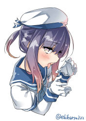 Rule 34 | 1girl, blush, ebifurya, from side, gloves, gradient hair, hat, highres, kantai collection, long sleeves, looking at viewer, multicolored hair, open mouth, ponytail, purple eyes, purple hair, sailor hat, school uniform, serafuku, sexually suggestive, sidelocks, simple background, solo, tongue, tongue out, tsushima (kancolle), twitter username, upper body, white background, white gloves