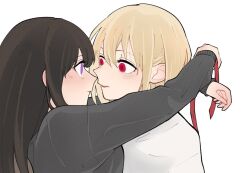 Rule 34 | 2girls, arms around neck, black hair, black shirt, blonde hair, closed mouth, commentary, eye contact, holding, holding ribbon, inoue takina, long hair, looking at another, lycoris recoil, medium hair, multiple girls, nishikigi chisato, parted lips, purple eyes, red eyes, red ribbon, ribbon, shiratama draw, shirt, simple background, upper body, white background, white shirt, yuri