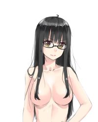 Rule 34 | &gt;:(, 1girl, ahoge, black-framed eyewear, black hair, blush, breasts, closed mouth, collarbone, convenient censoring, frown, glasses, hair censor, hair over breasts, head tilt, large breasts, lips, long hair, looking at viewer, nude, original, semi-rimless eyewear, serious, sidelocks, simple background, sketch, solo, under-rim eyewear, upper body, v-shaped eyebrows, wet.elephant, white background, yellow eyes