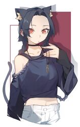 Rule 34 | 1girl, animal ears, black choker, black hair, black shirt, braid, cat ears, cat girl, cat tail, choker, clothing cutout, ear piercing, extra ears, forehead, highres, holding, jewelry, kamatpit, long hair, long sleeves, midriff, navel, necklace, original, pants, parted lips, piercing, red background, red eyes, shirt, shoulder cutout, single bare shoulder, sleeves past wrists, solo, tail, twin braids, two-tone background, upper body, white background, white pants