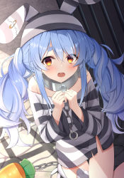 Rule 34 | 1girl, animal ears, bare shoulders, blue hair, blush, braid, breasts, brown eyes, carrot-shaped pillow, chain, collar, commentary request, cuffs, fake animal ears, hair between eyes, hands up, hat, highres, hololive, kneeling, long hair, looking at viewer, metal collar, open mouth, pin, prison clothes, rabbit ears, saki (saki paint), shirt, solo, stone floor, striped clothes, striped shirt, teeth, twintails, upper teeth only, usada pekora, usada pekora (prisoner), virtual youtuber