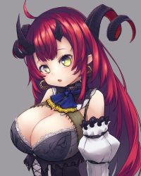 Rule 34 | + +, 1girl, ahoge, bare shoulders, black collar, blue neckwear, breasts, cleavage, collar, curled horns, demon girl, demon horns, detached sleeves, earrings, fang, highres, horns, jewelry, lace trim, large breasts, long hair, looking at viewer, magrona, magrona channel, nameko houshi, open mouth, red hair, solo, upper body, very long hair, virtual youtuber, yellow eyes