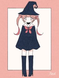 Rule 34 | 1girl, black hat, boots, border, full body, hat, high heel boots, high heels, highres, long hair, neckerchief, no arms, no mouth, no nose, noeru (noellemonade), original, pink border, pink eyes, pink hair, red neckerchief, signature, solo, standing, twintails, witch hat